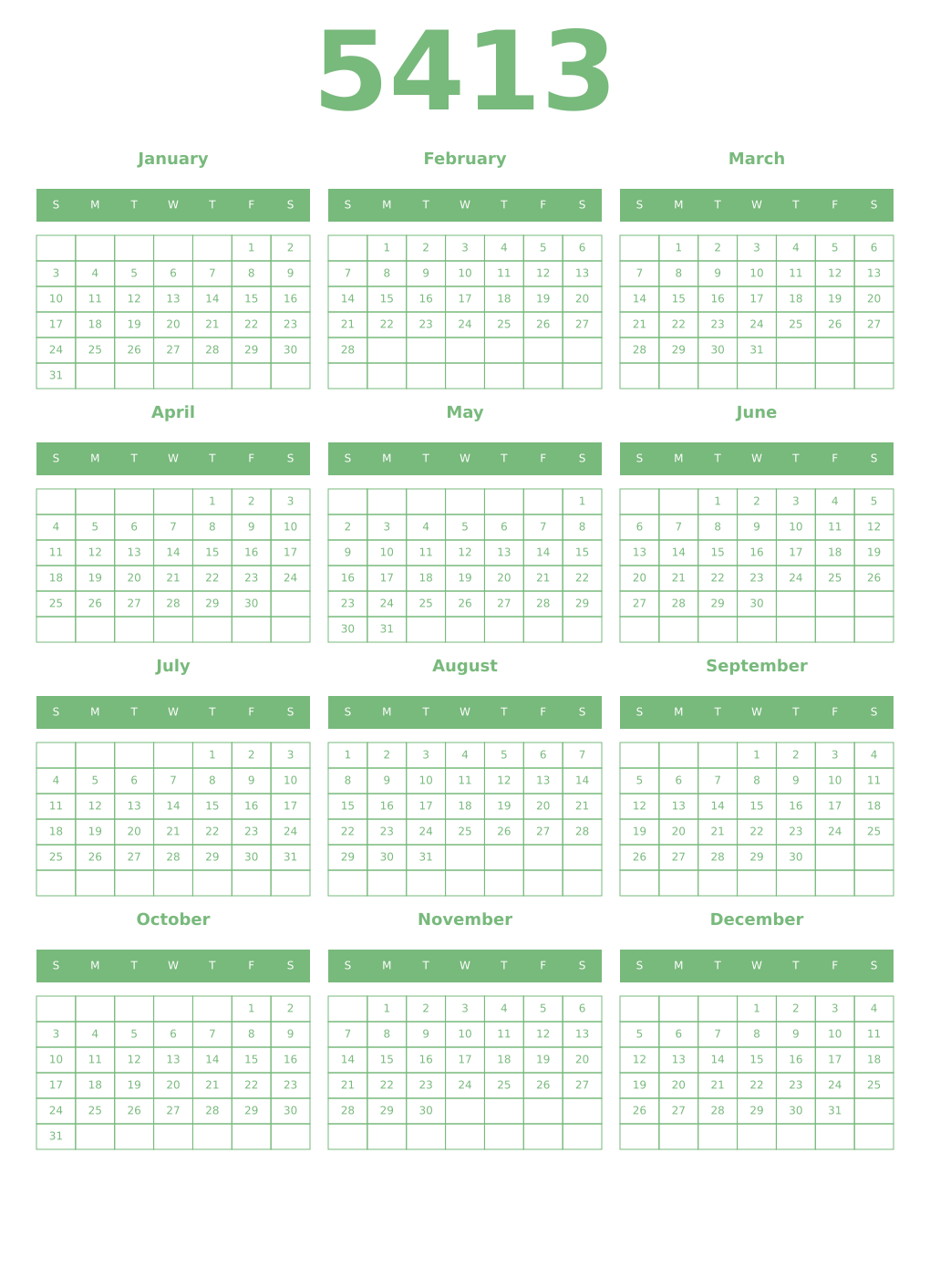 Printable 5413 Year Calendars celadon