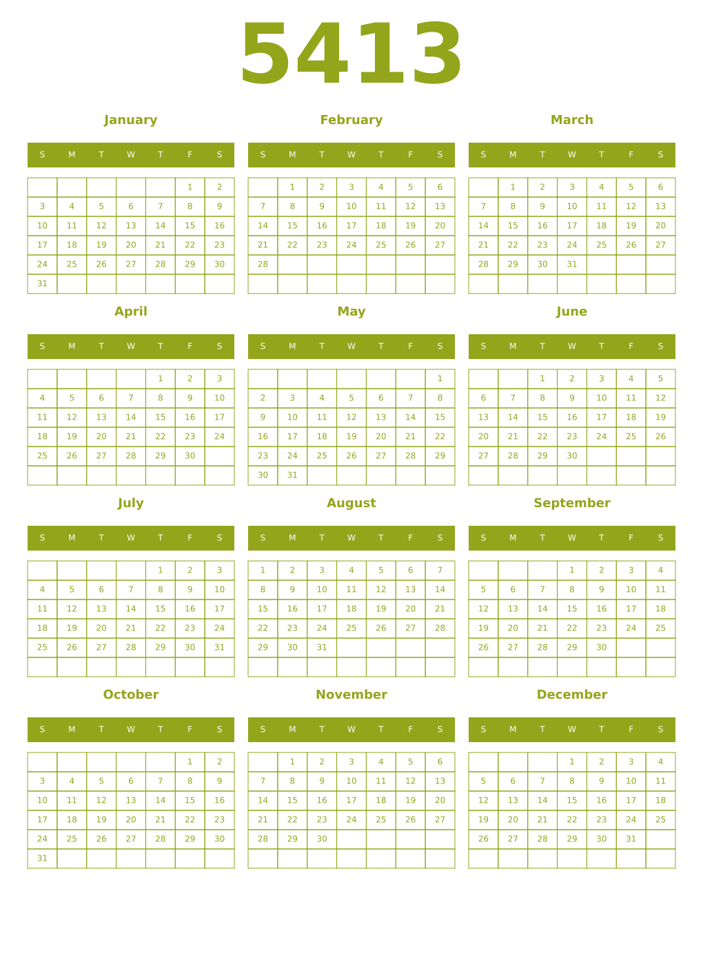 Printable 5413 Year Calendars chartreuse