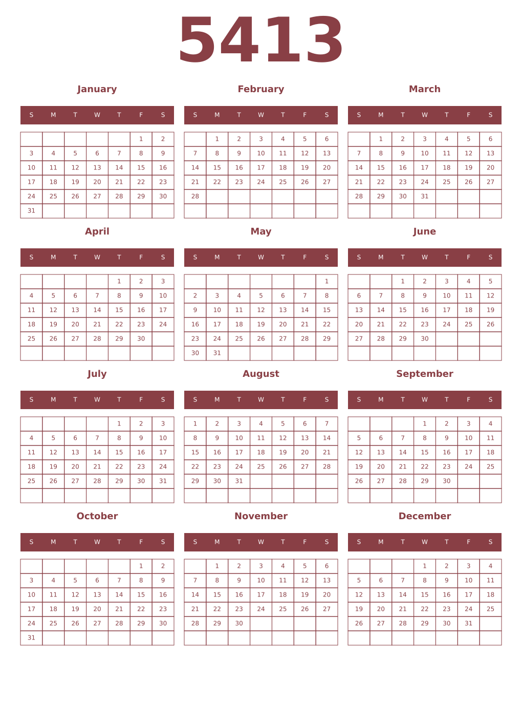 Printable 5413 Year Calendars cordovan