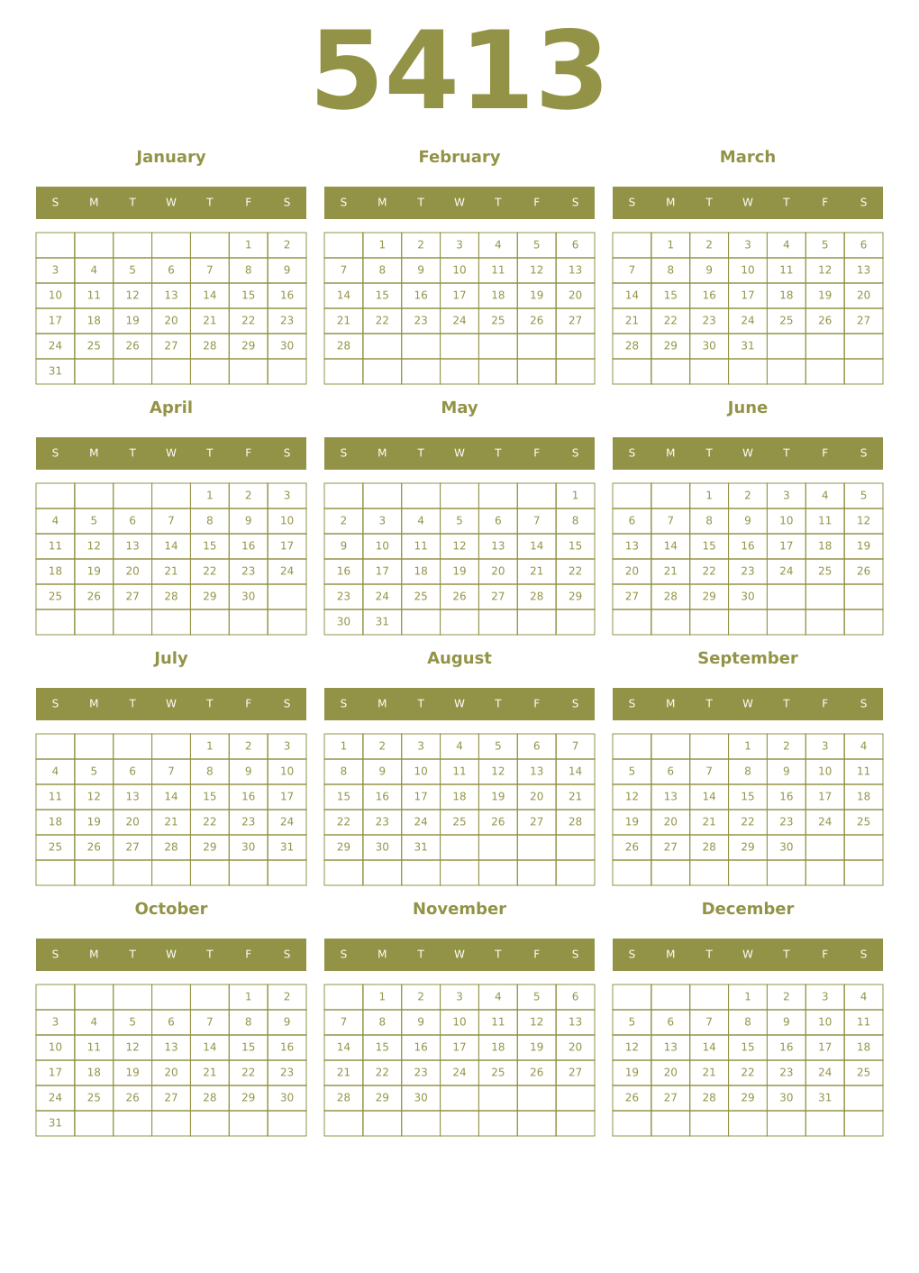 Printable 5413 Year Calendars eburnean