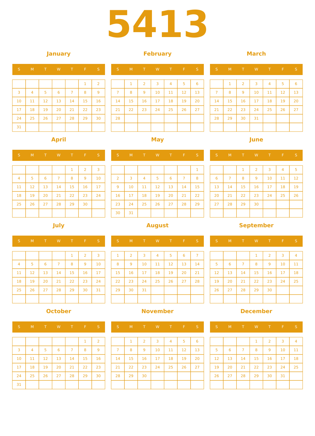 Printable 5413 Year Calendars gamboge