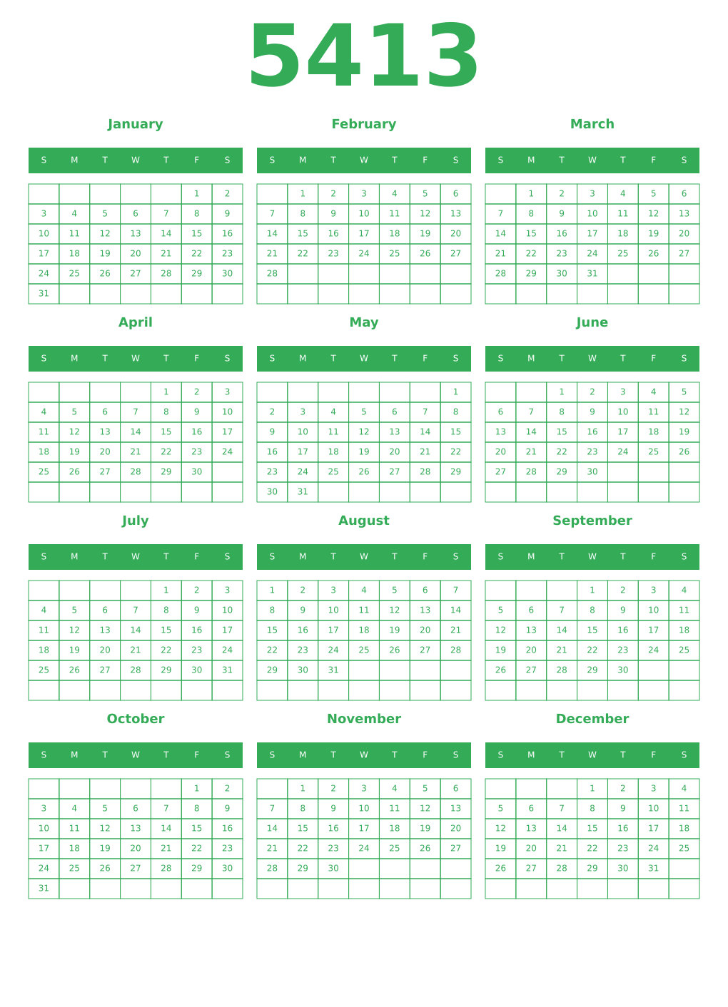Printable 5413 Year Calendars green