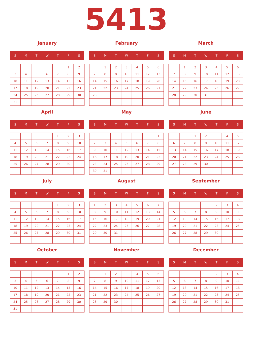 Printable 5413 Year Calendars red