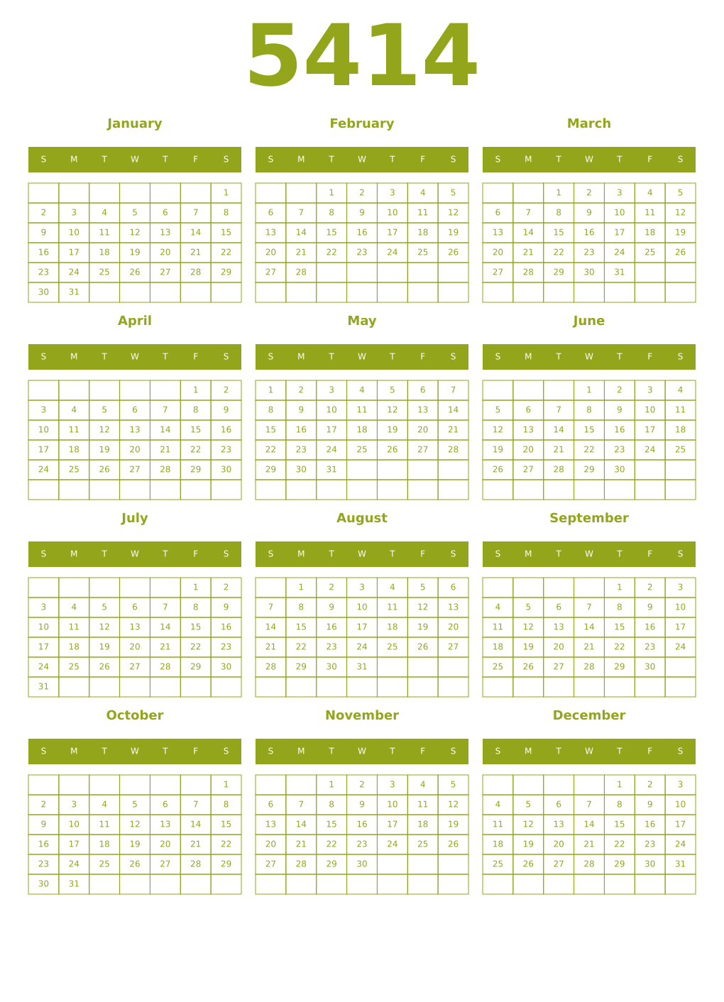Printable 5414 Year Calendars chartreuse