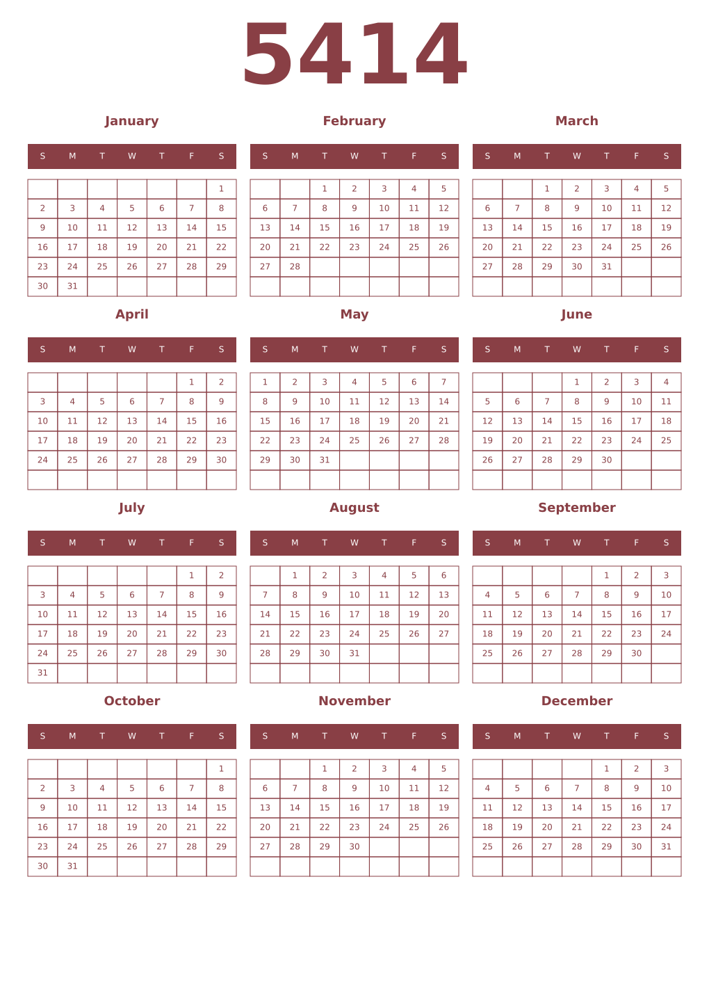 Printable 5414 Year Calendars cordovan
