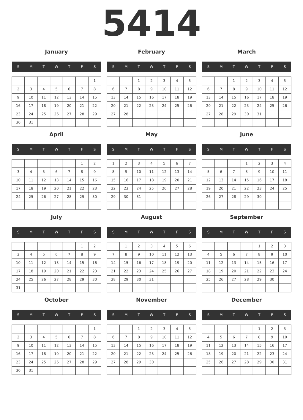 Printable 5414 Year Calendars dark
