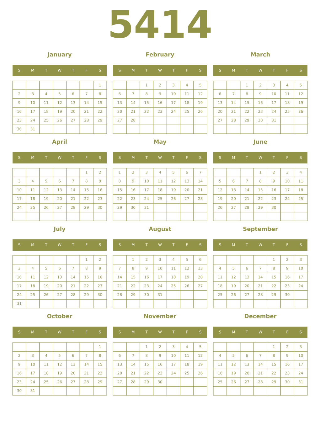Printable 5414 Year Calendars eburnean