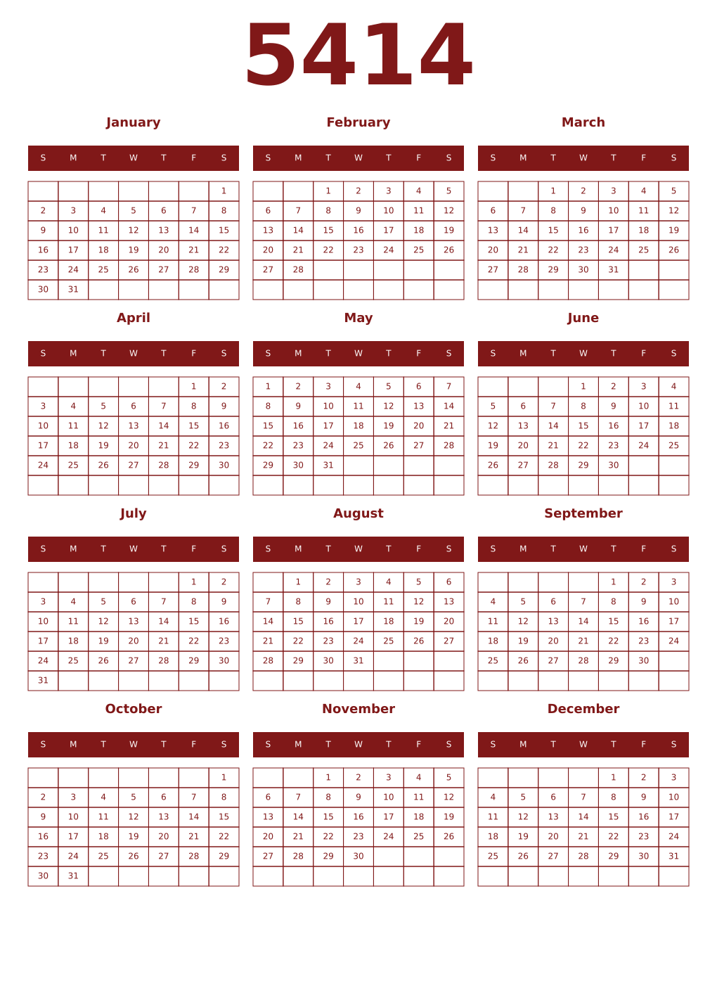 Printable 5414 Year Calendars falu