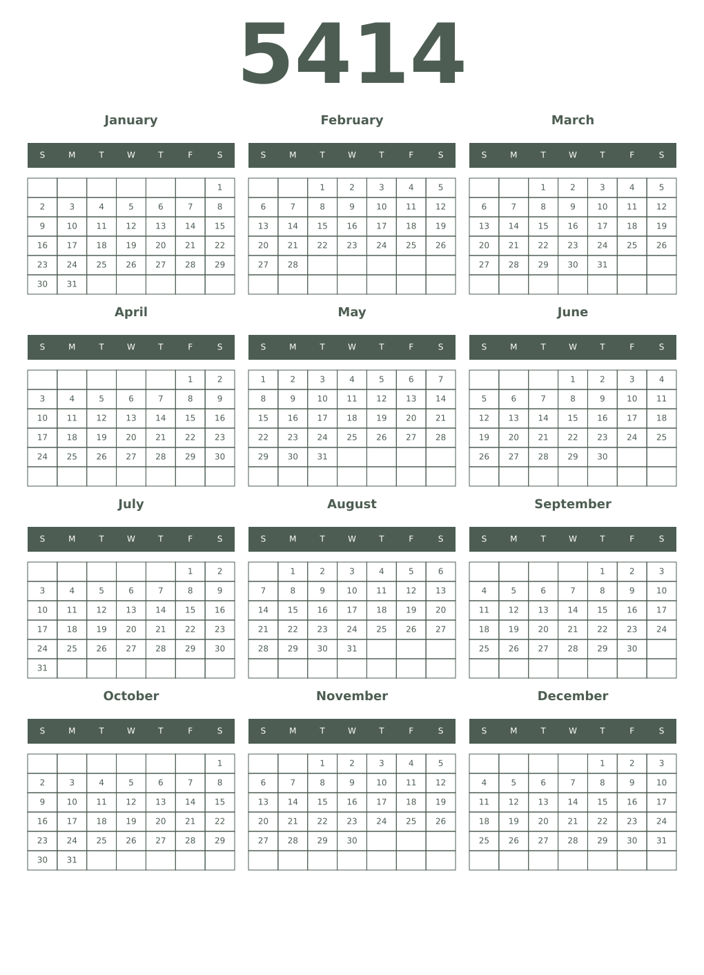 Printable 5414 Year Calendars feldgrau
