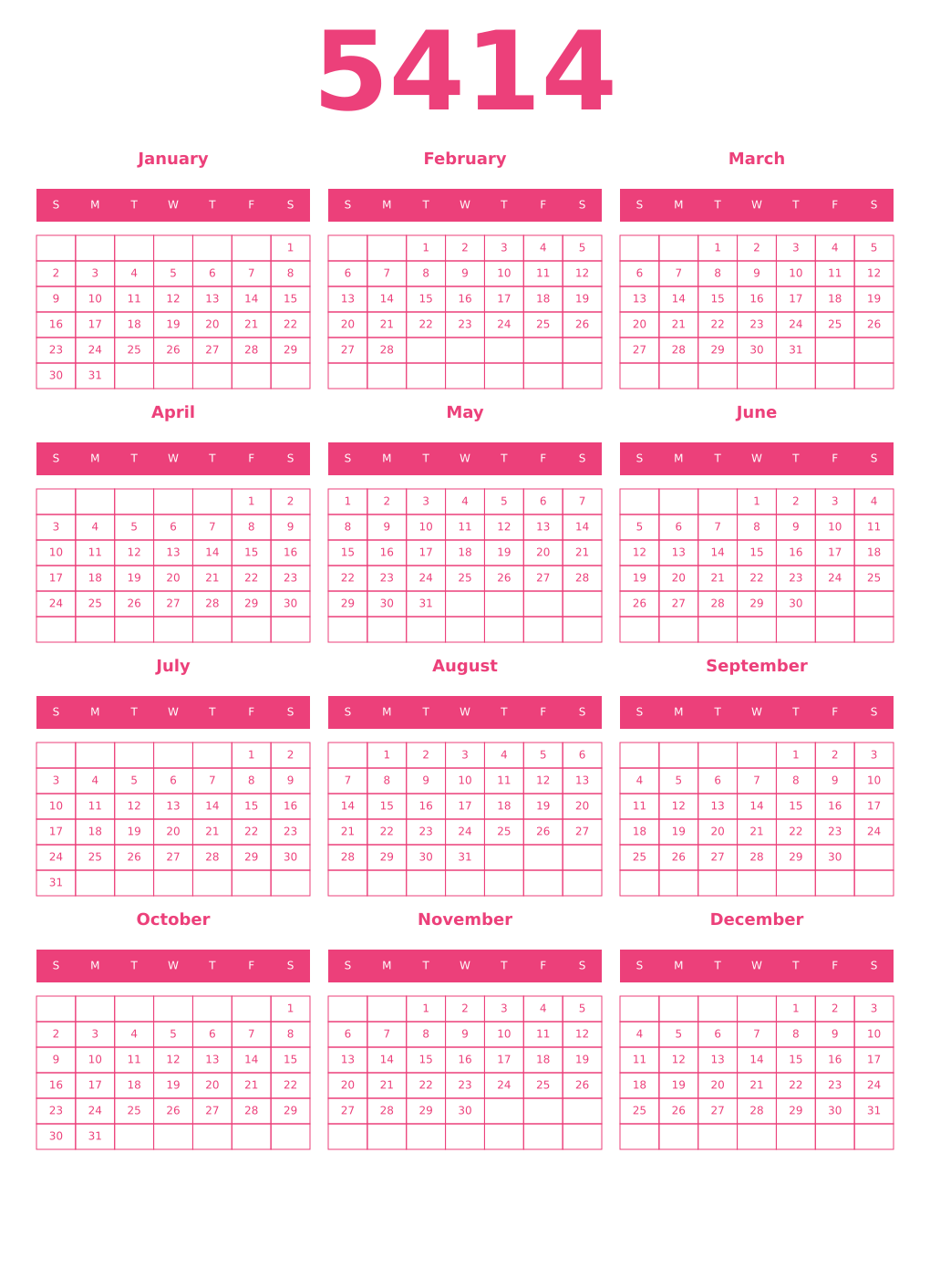 Printable 5414 Year Calendars pink