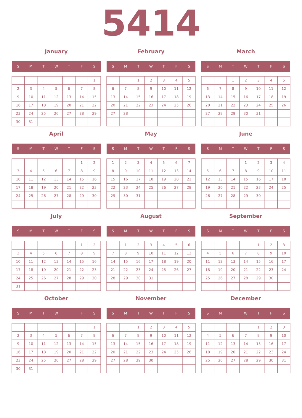 Printable 5414 Year Calendars puce