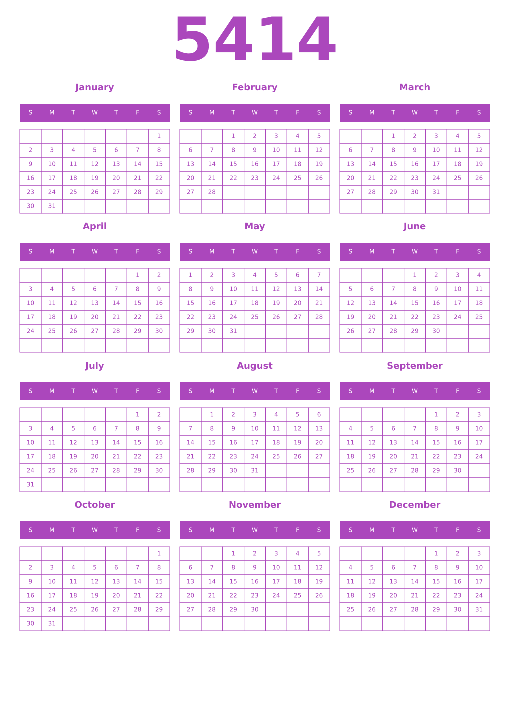 Printable 5414 Year Calendars purple