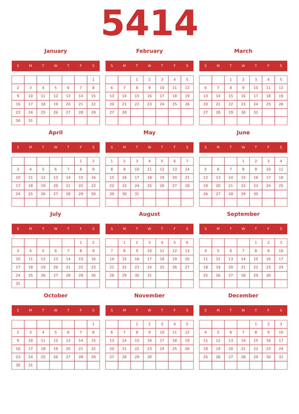 Printable 5414 Year Calendars red