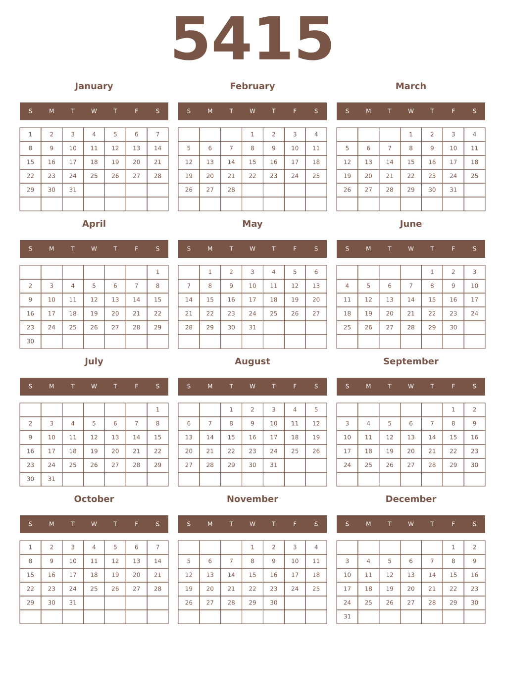 Printable 5415 Year Calendars coffe