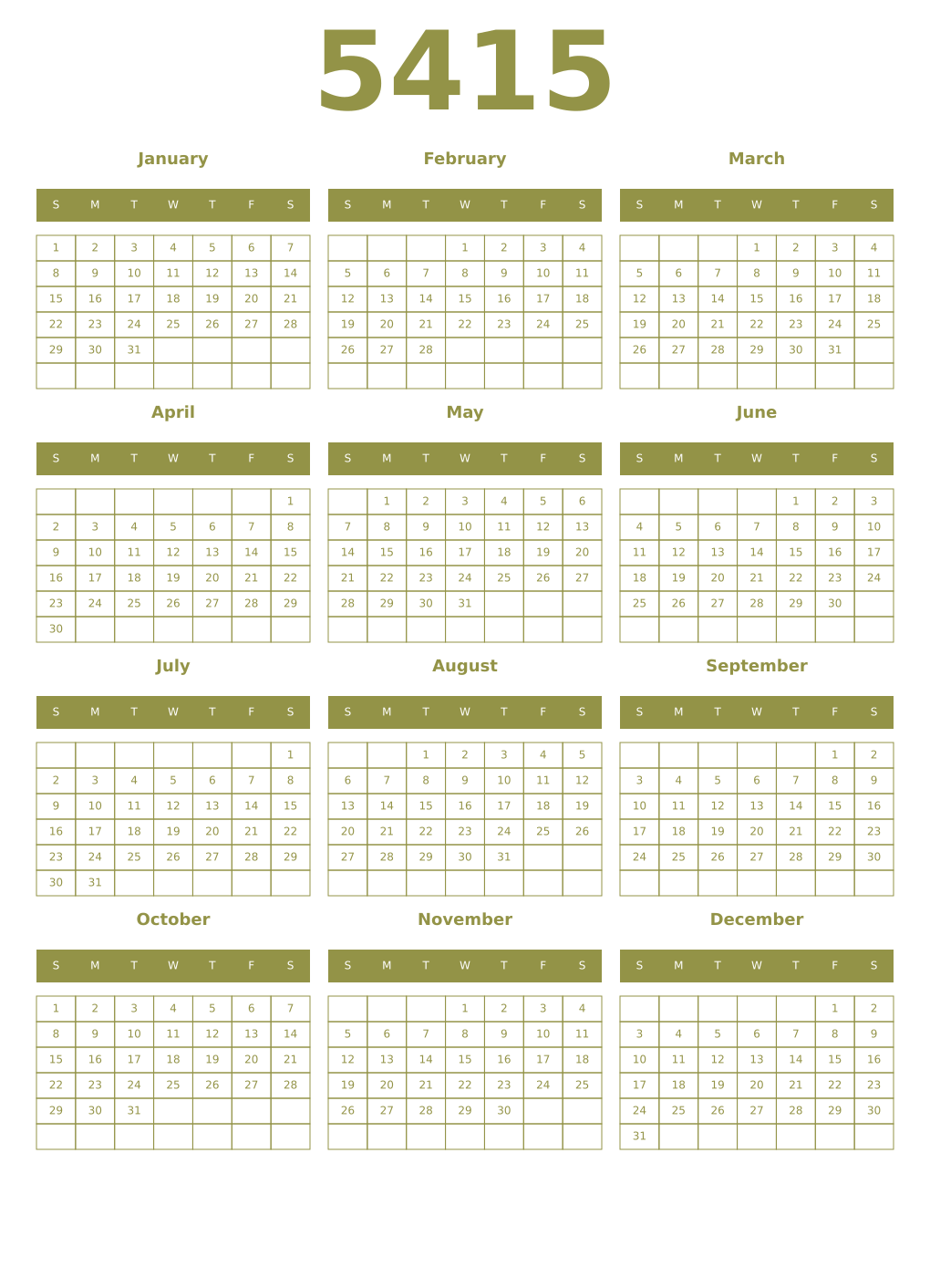 Printable 5415 Year Calendars eburnean