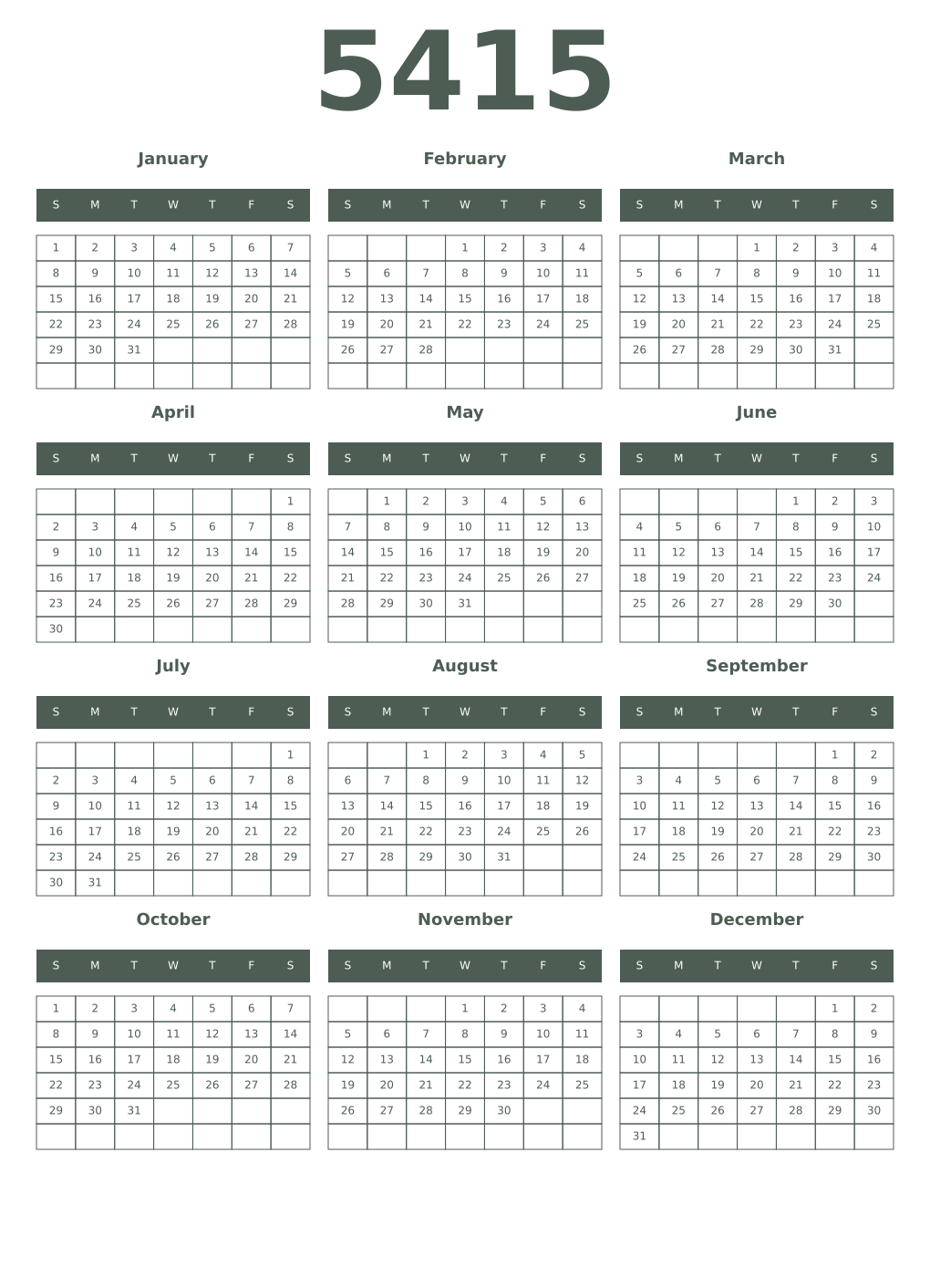 Printable 5415 Year Calendars feldgrau