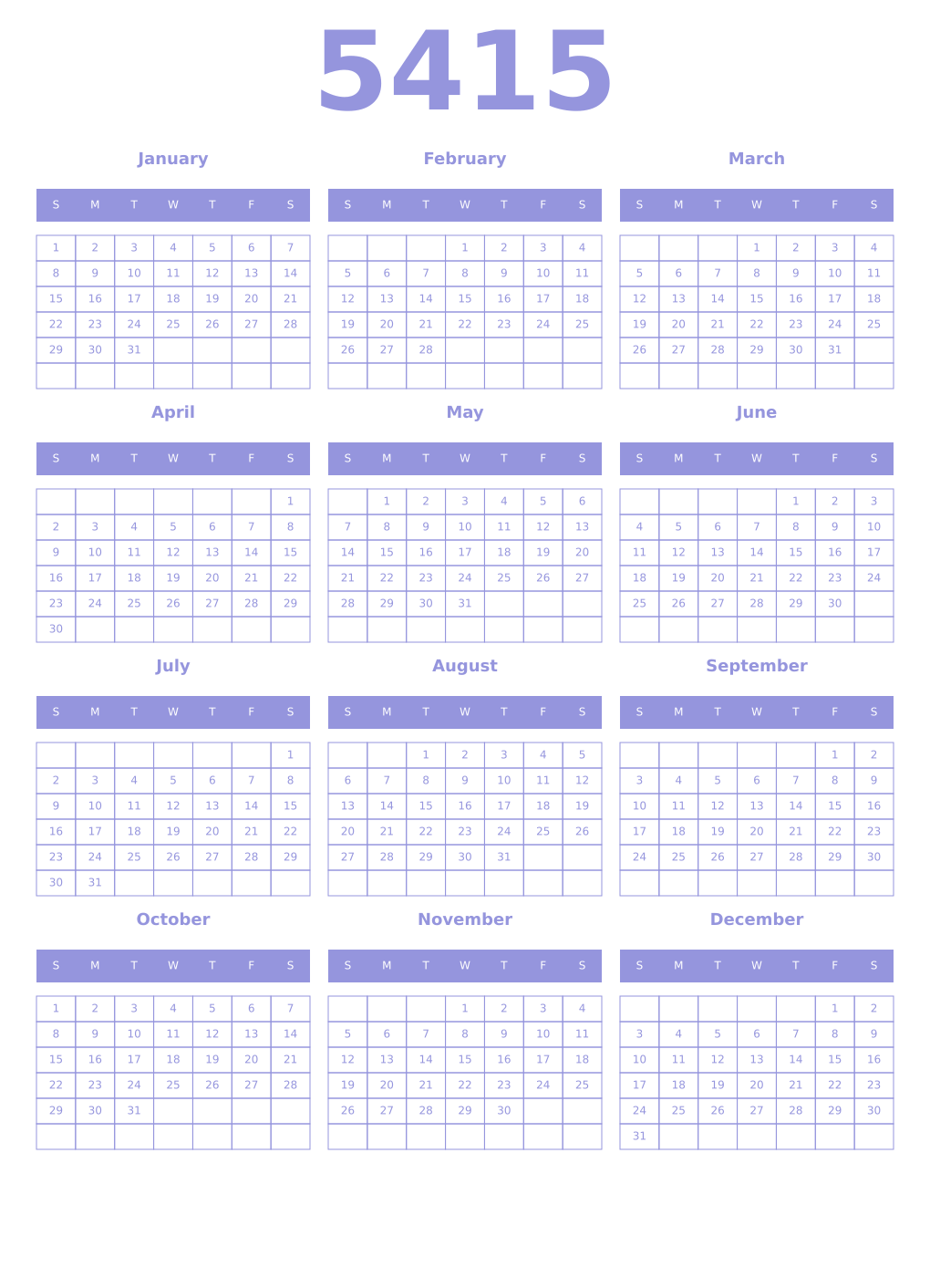 Printable 5415 Year Calendars periwinkle