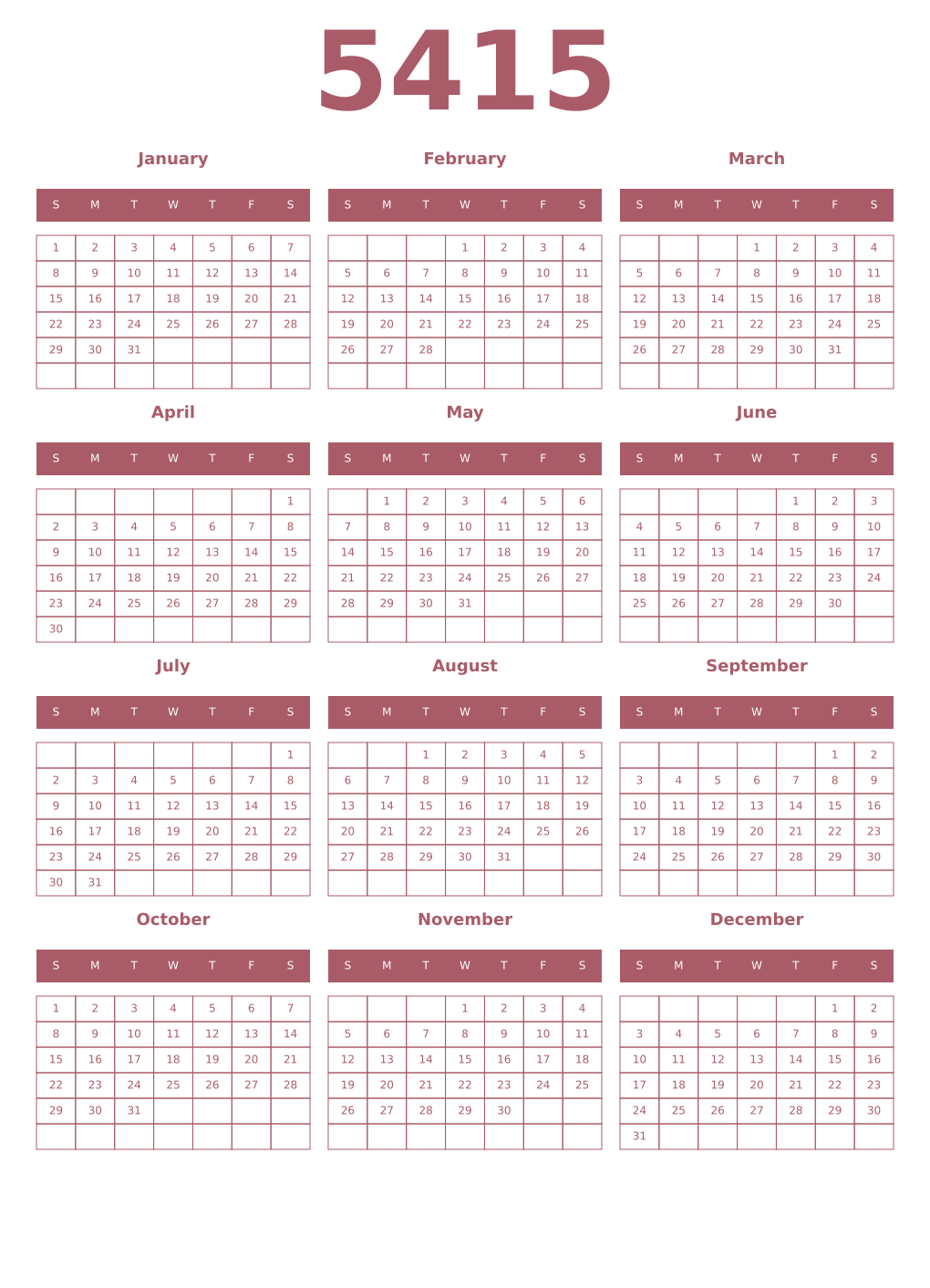Printable 5415 Year Calendars puce