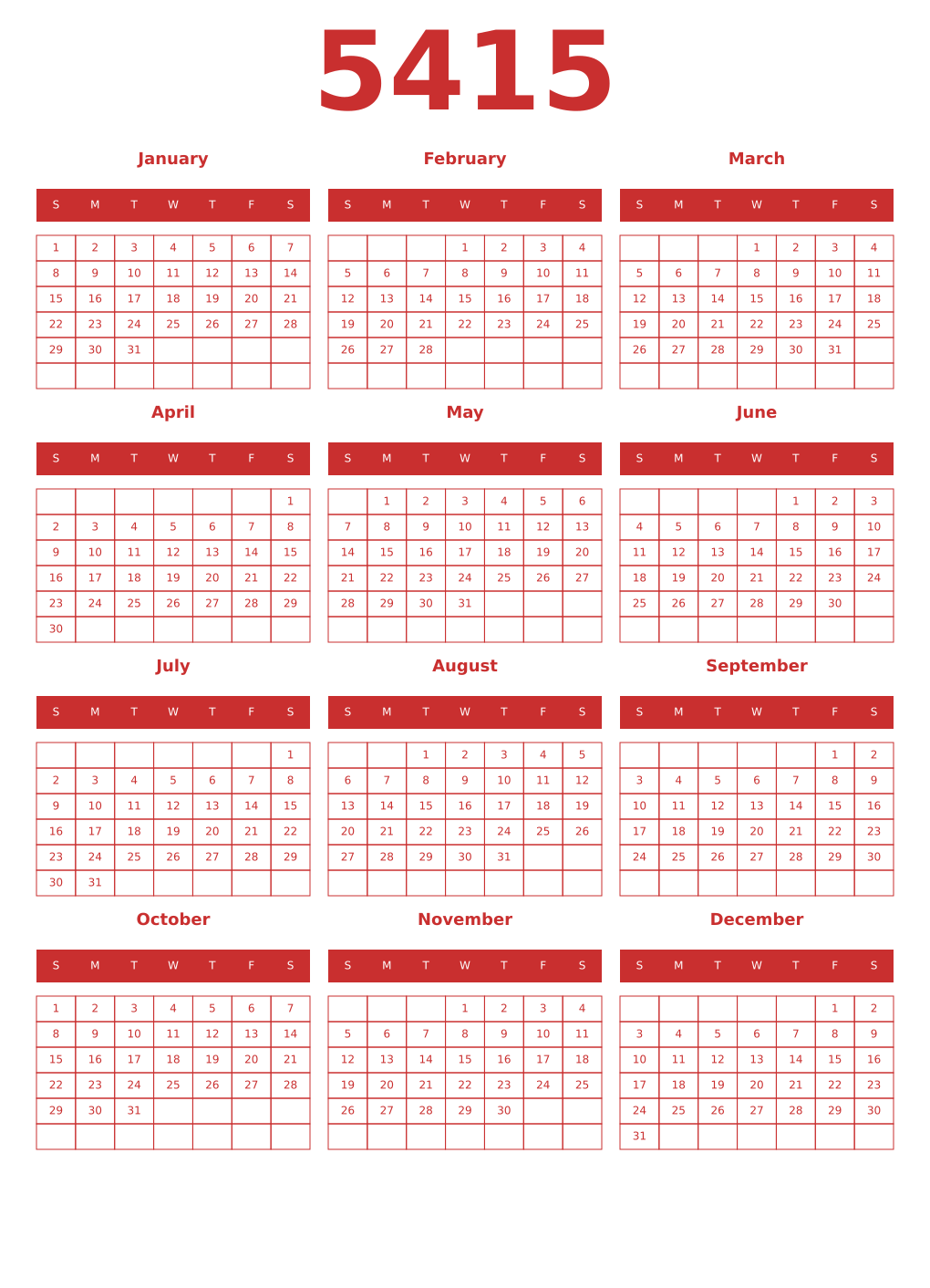 Printable 5415 Year Calendars red