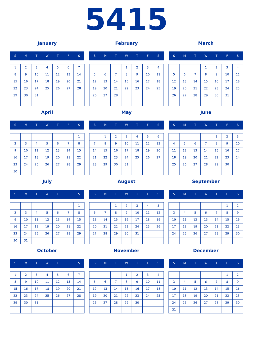 Printable 5415 Year Calendars smalt