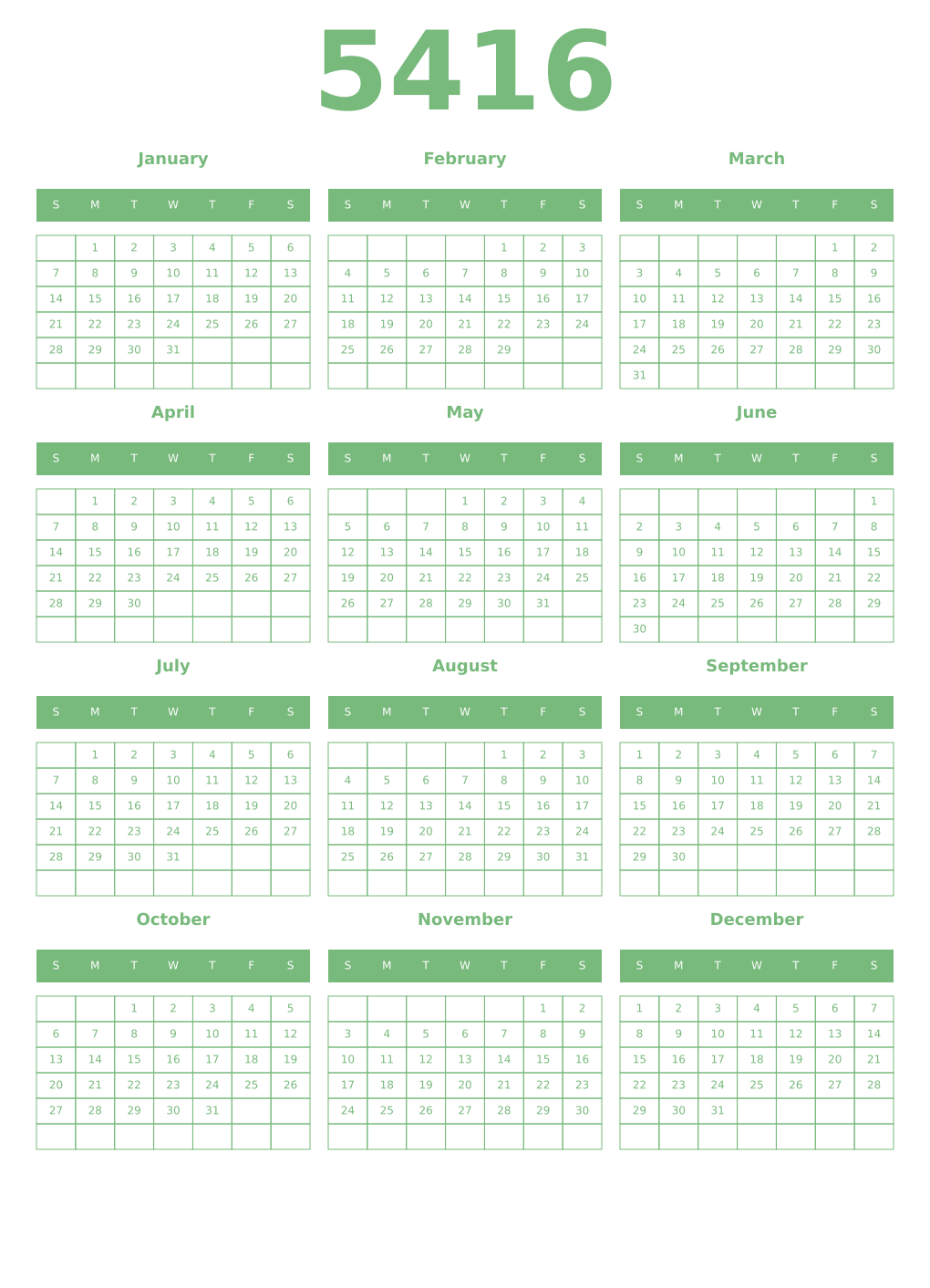 Printable 5416 Year Calendars celadon