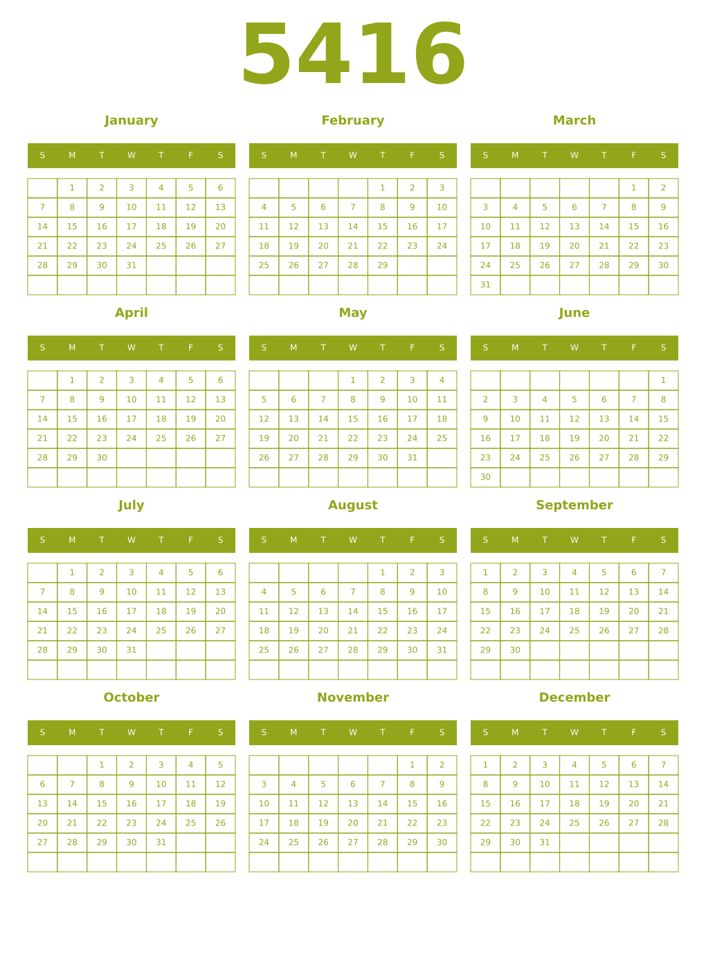 Printable 5416 Year Calendars chartreuse