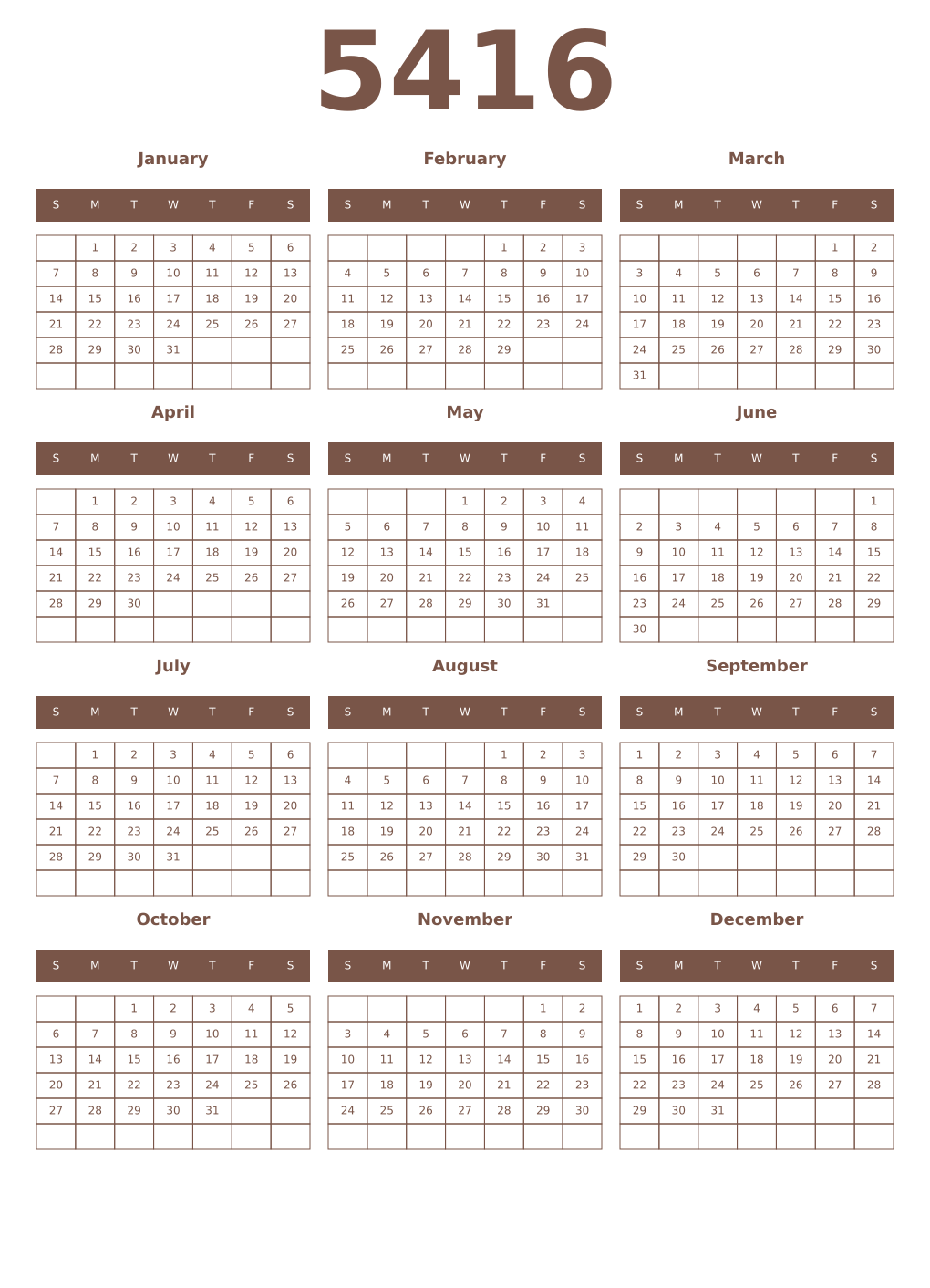 Printable 5416 Year Calendars coffe