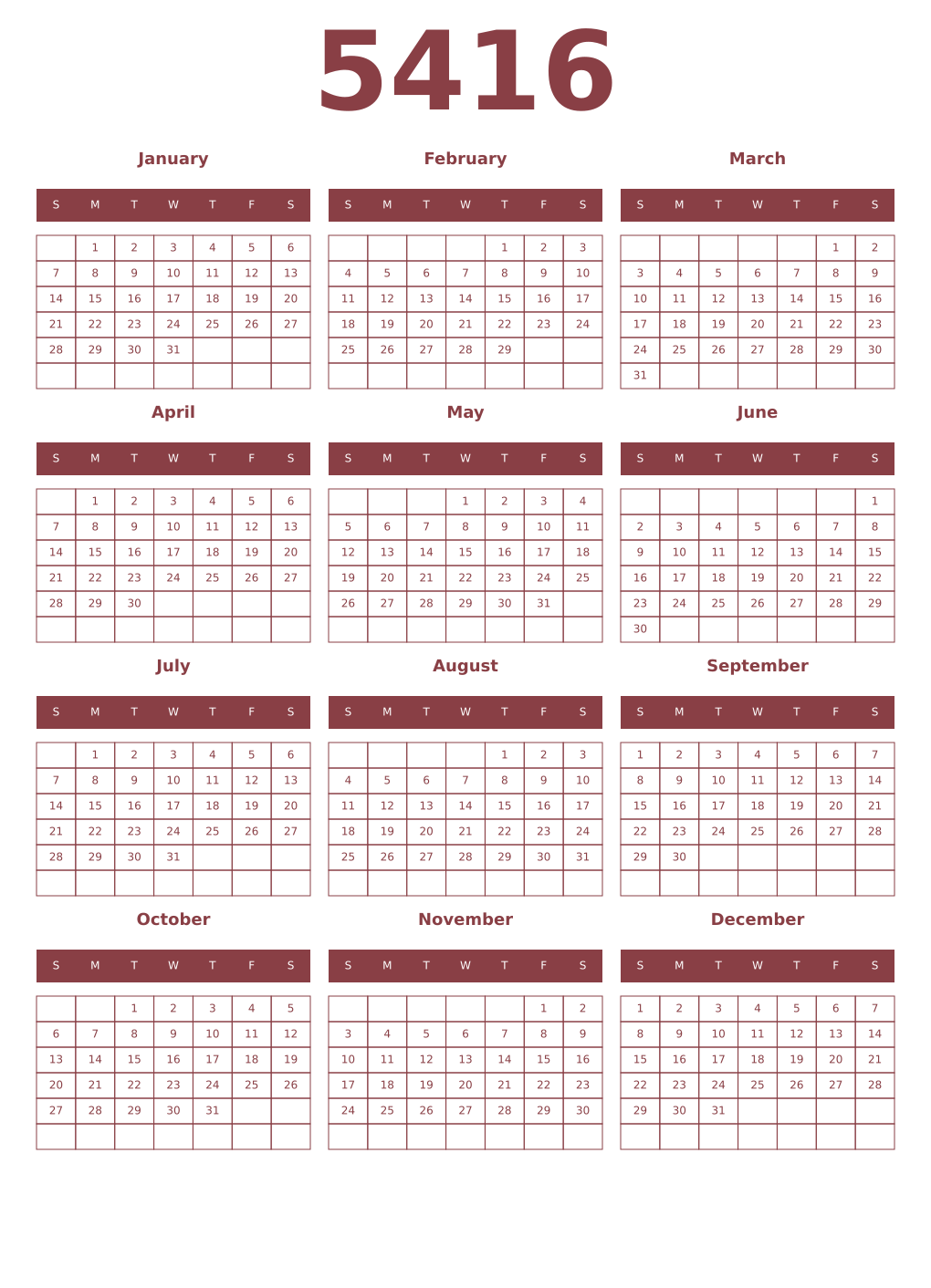 Printable 5416 Year Calendars cordovan