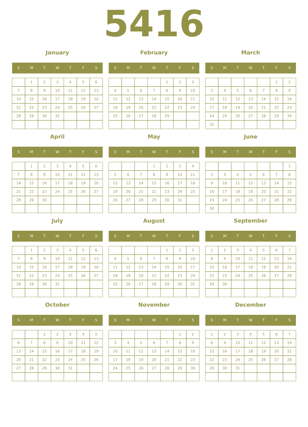 Printable 5416 Year Calendars eburnean