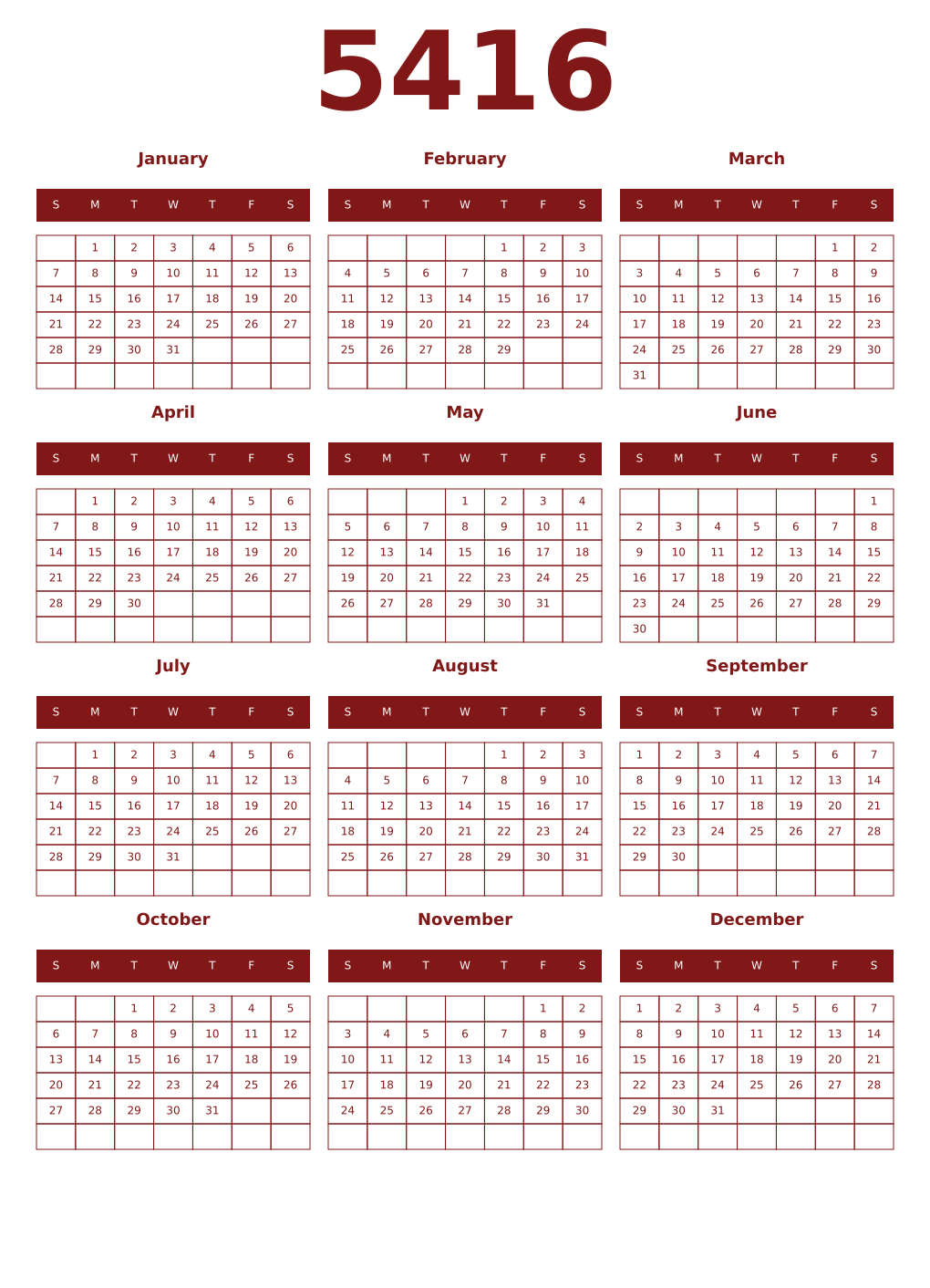 Printable 5416 Year Calendars falu