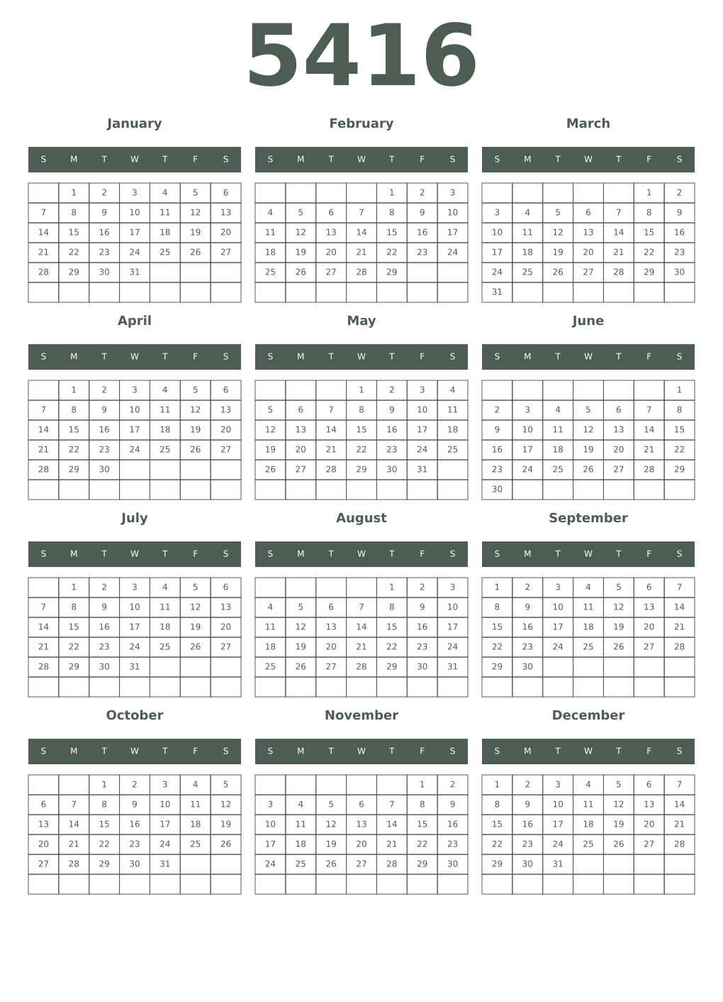 Printable 5416 Year Calendars feldgrau