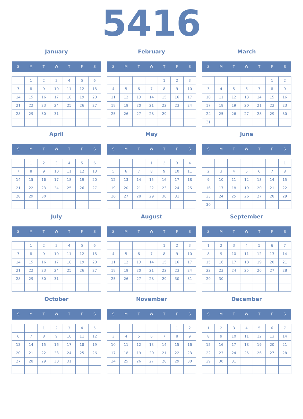 Printable 5416 Year Calendars glaucous
