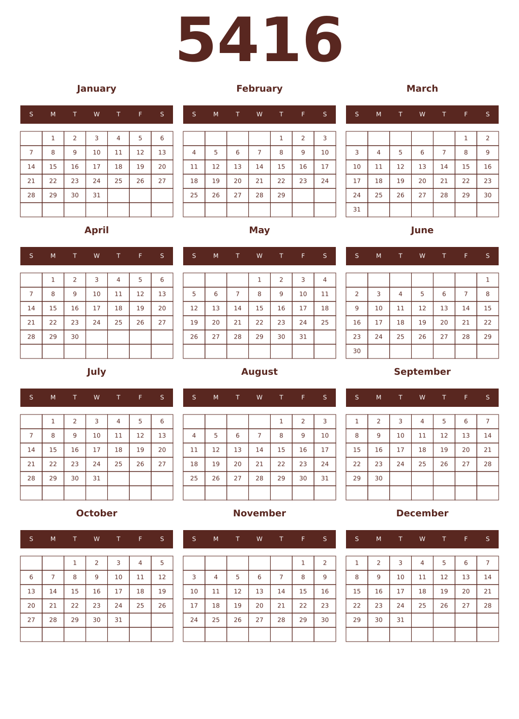 Printable 5416 Year Calendars mortuum