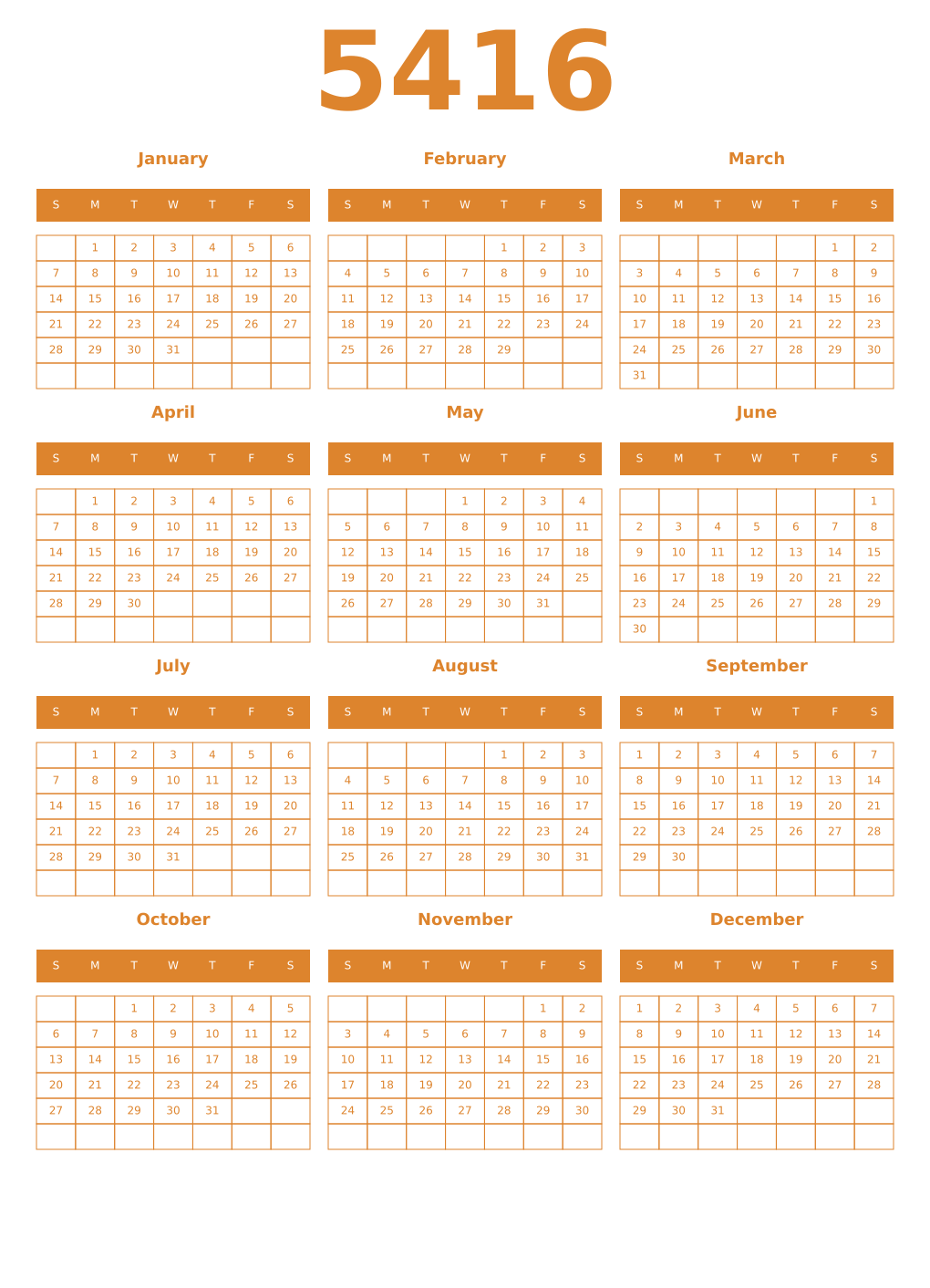 Printable 5416 Year Calendars orange