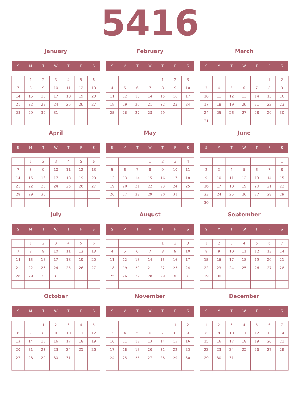 Printable 5416 Year Calendars puce