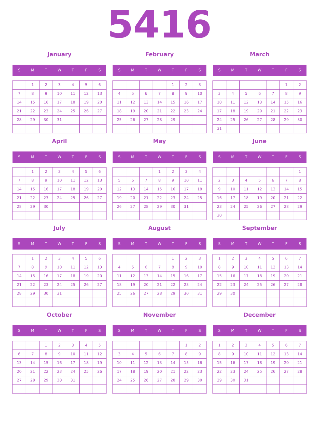 Printable 5416 Year Calendars purple