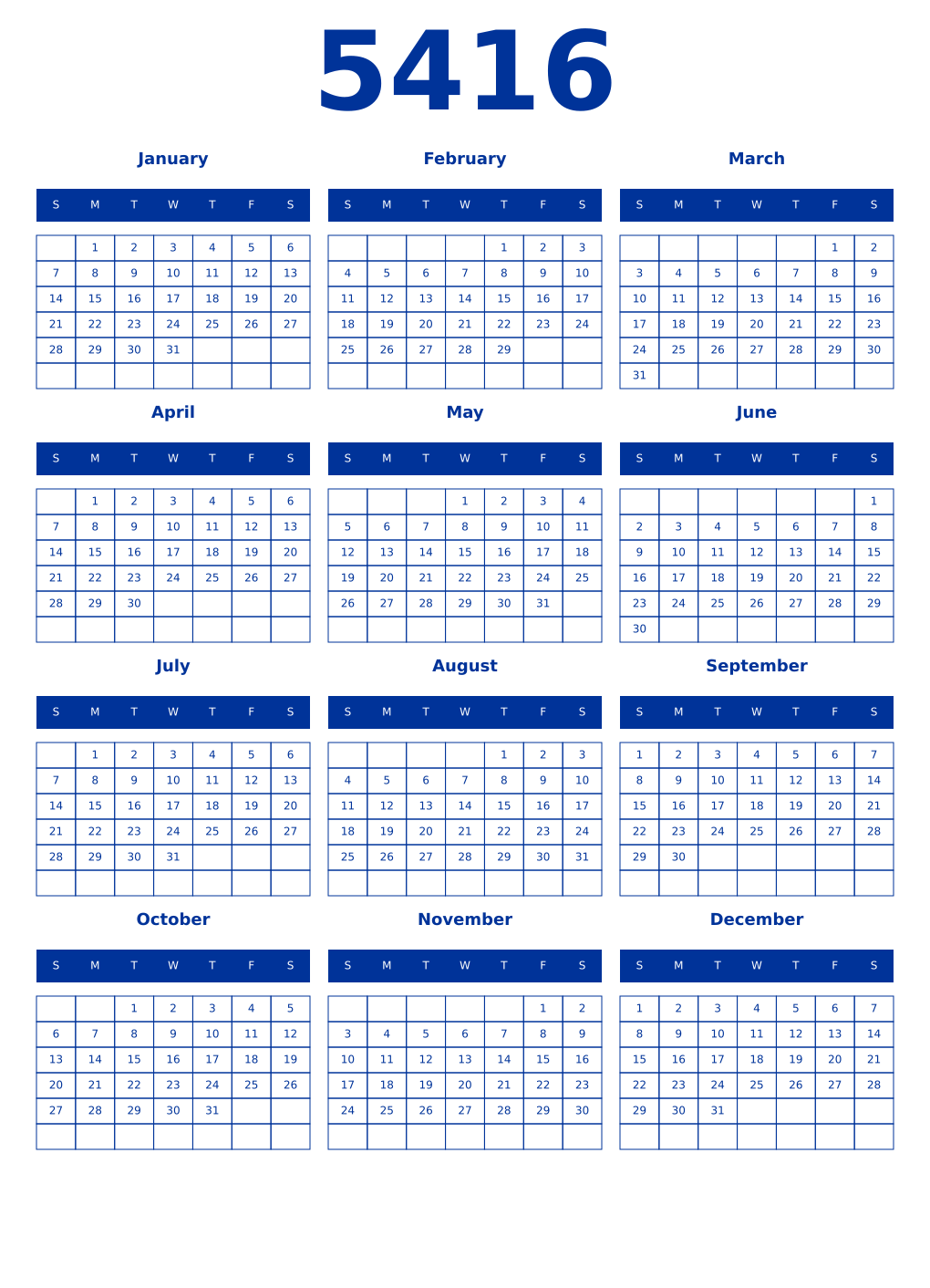 Printable 5416 Year Calendars smalt