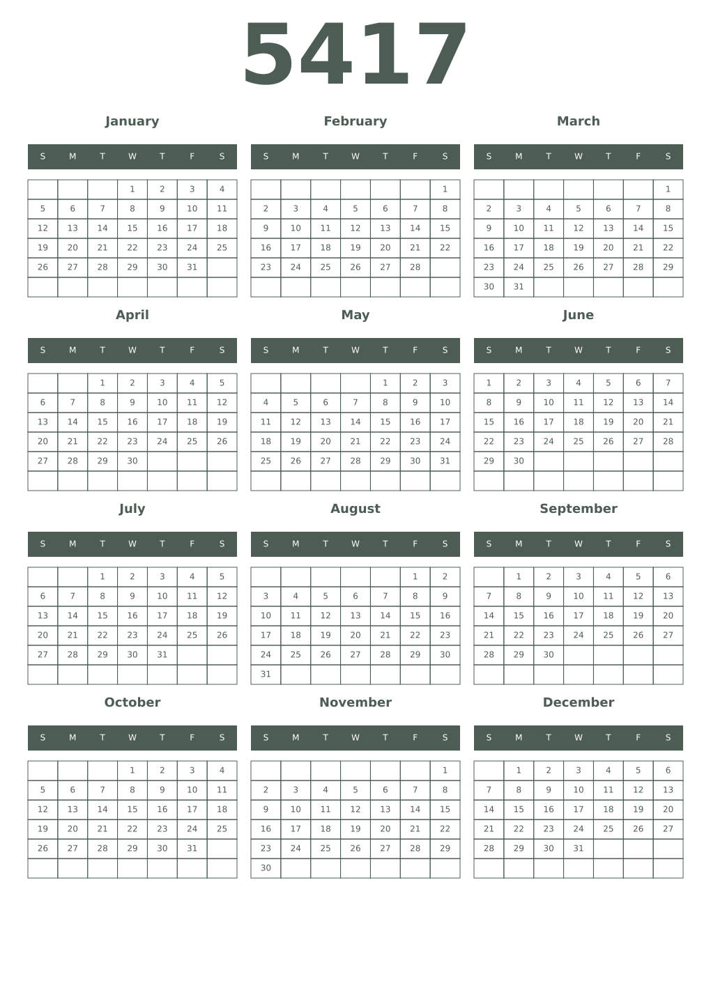 Printable 5417 Year Calendars feldgrau