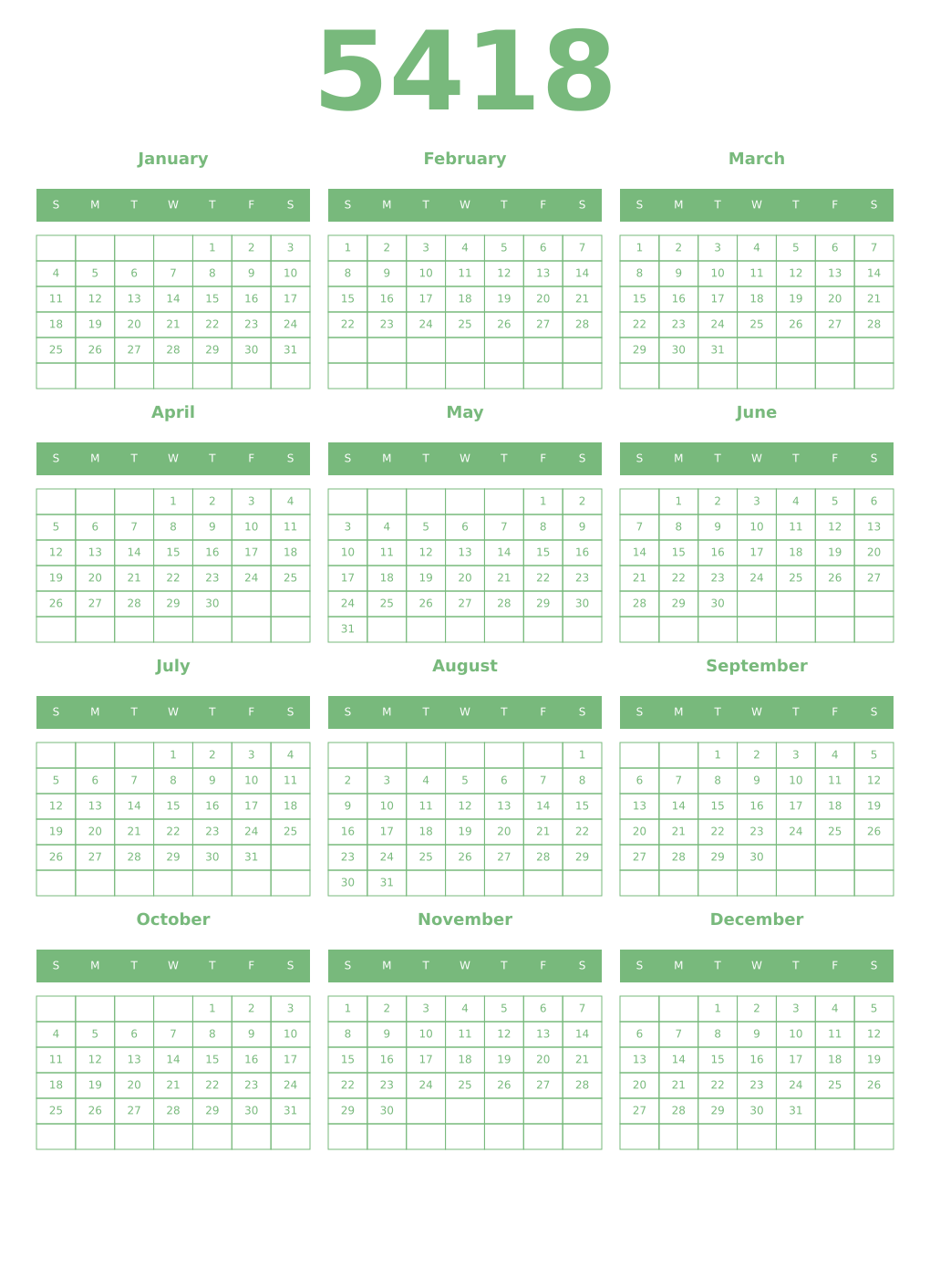 Printable 5418 Year Calendars celadon