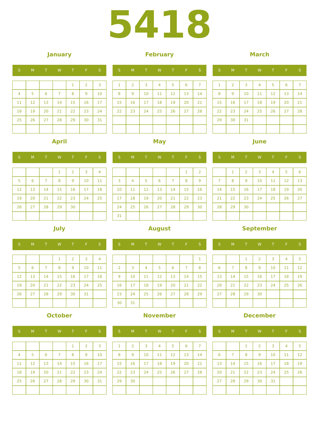 Printable 5418 Year Calendars chartreuse