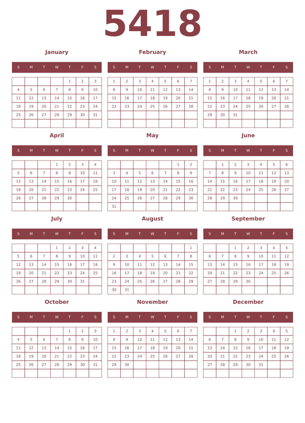 Printable 5418 Year Calendars cordovan