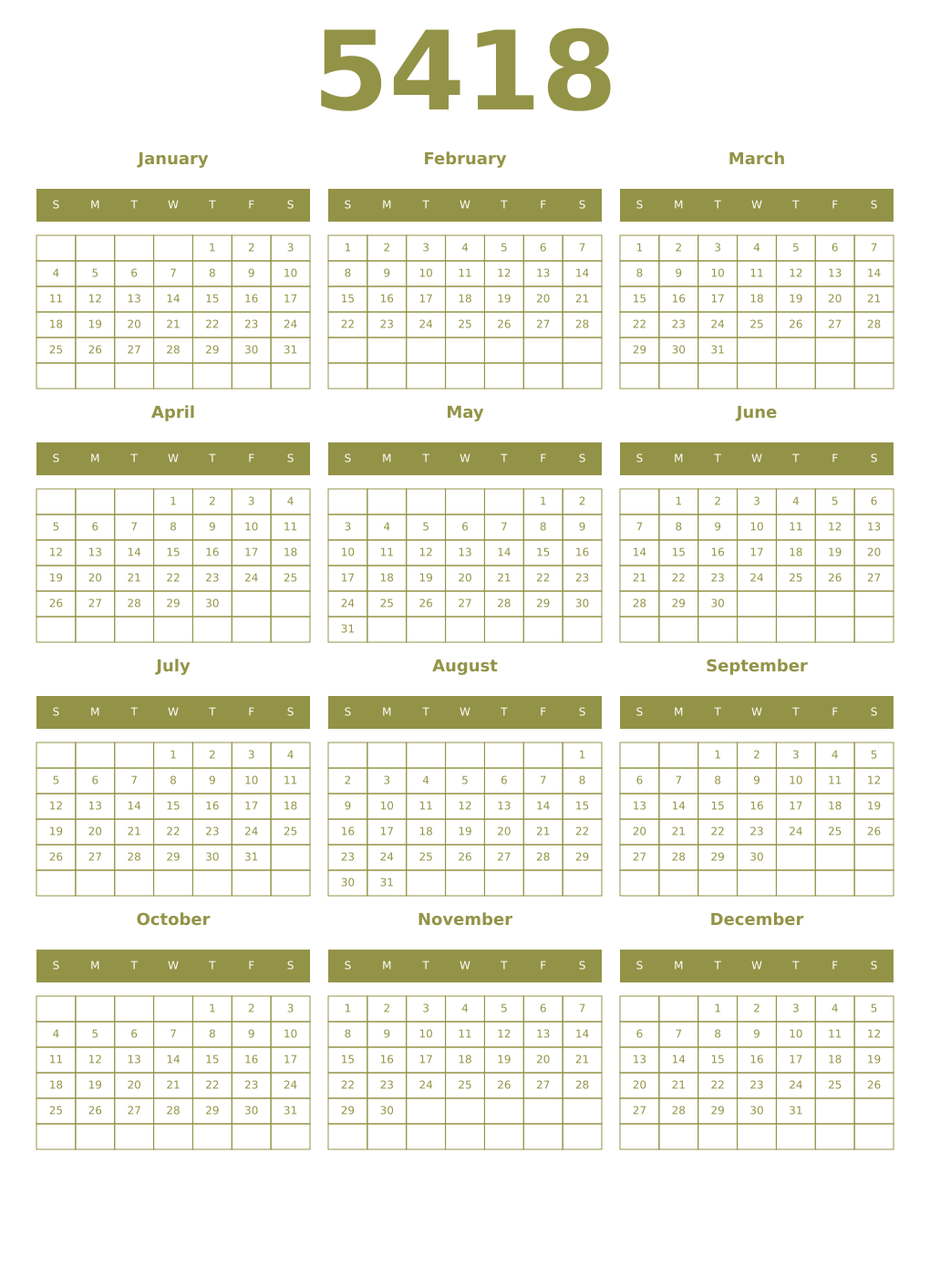 Printable 5418 Year Calendars eburnean