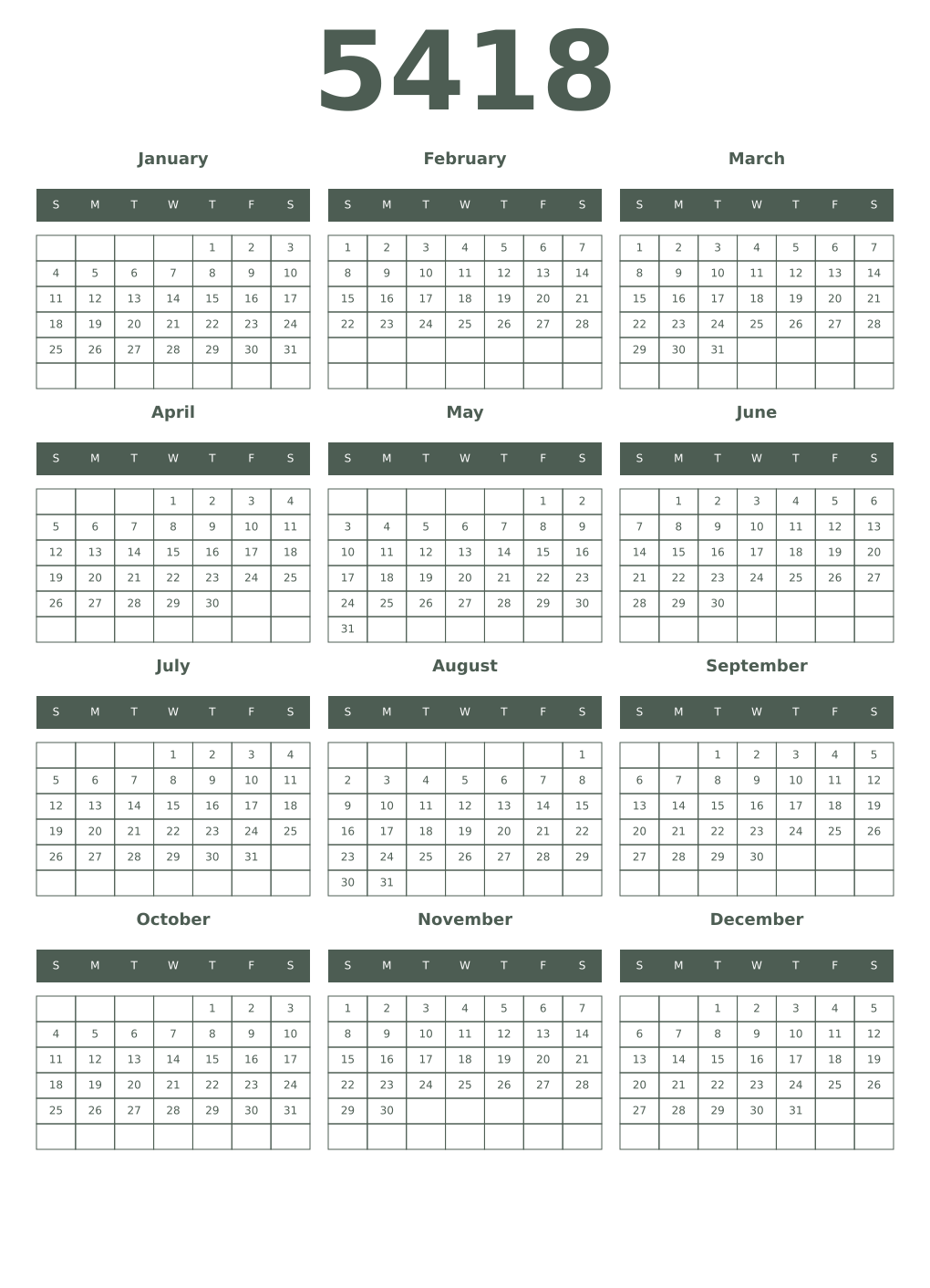 Printable 5418 Year Calendars feldgrau