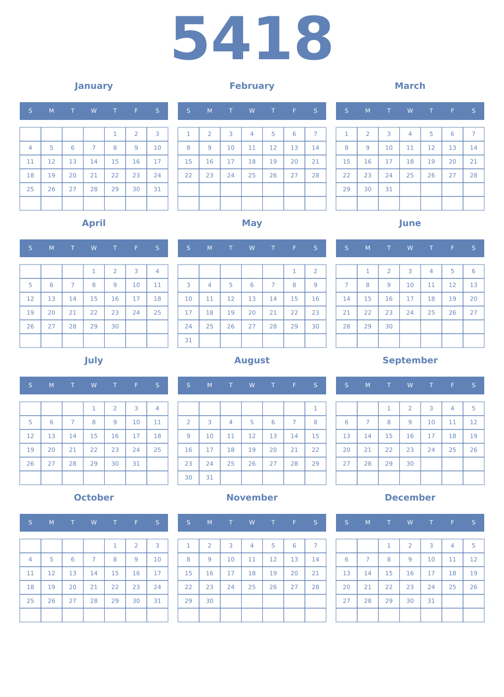 Printable 5418 Year Calendars glaucous