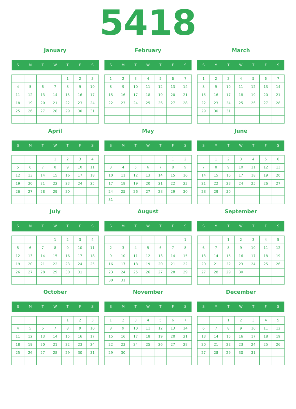 Printable 5418 Year Calendars green