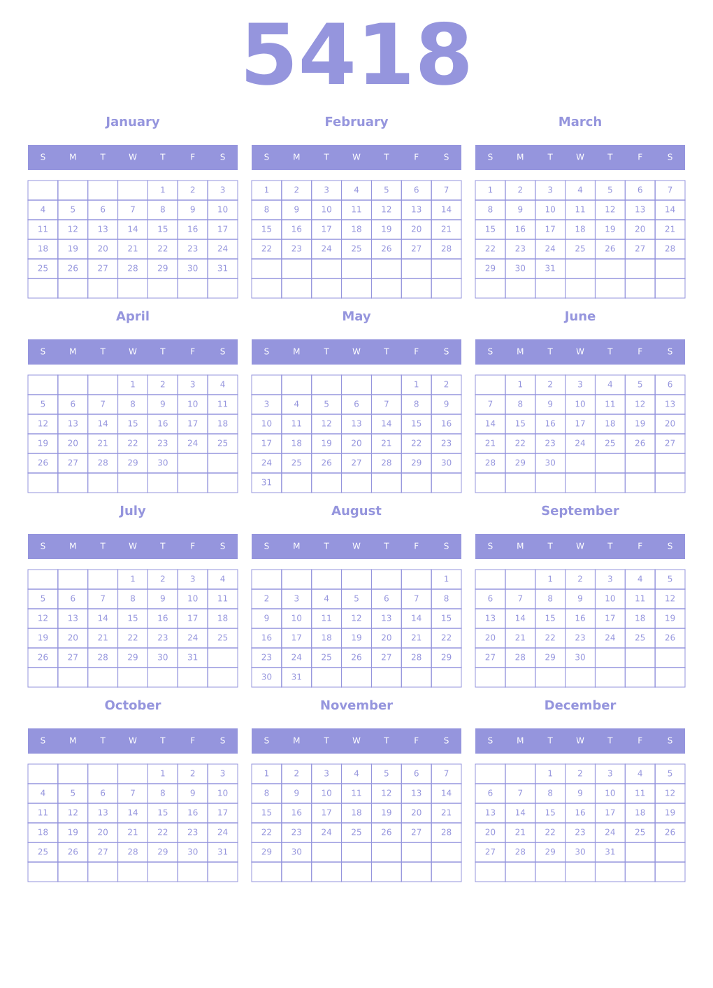 Printable 5418 Year Calendars periwinkle