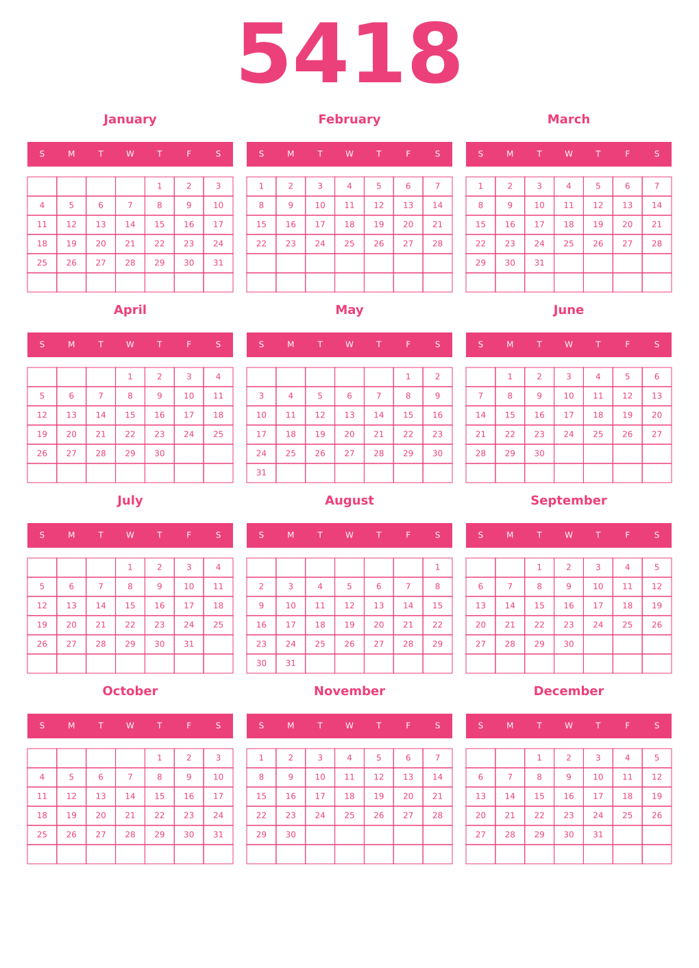Printable 5418 Year Calendars pink
