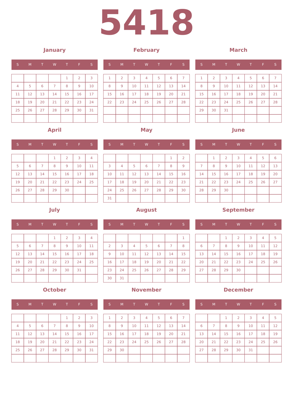 Printable 5418 Year Calendars puce