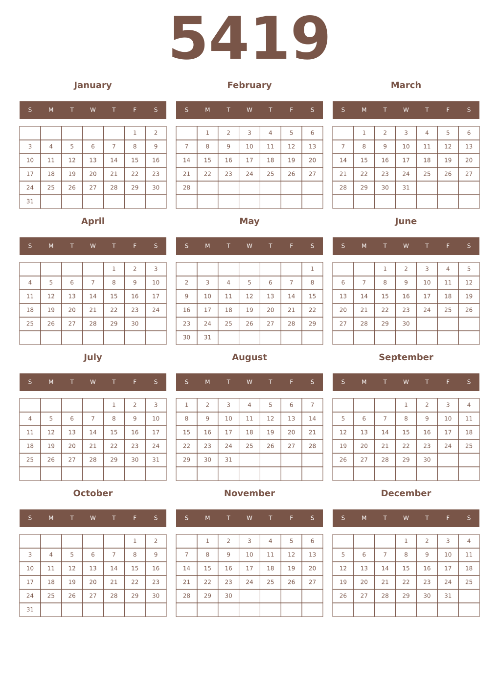 Printable 5419 Year Calendars coffe