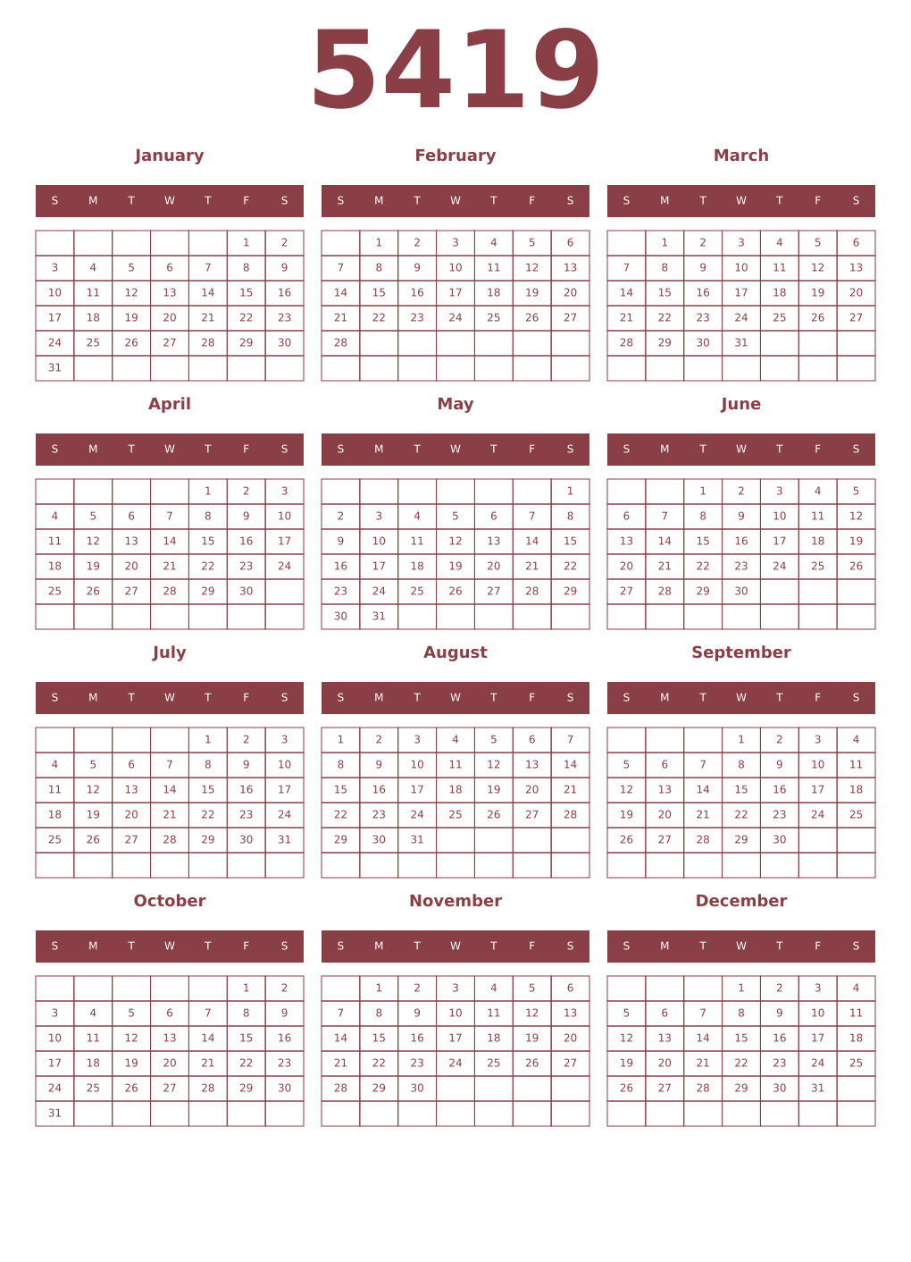 Printable 5419 Year Calendars cordovan
